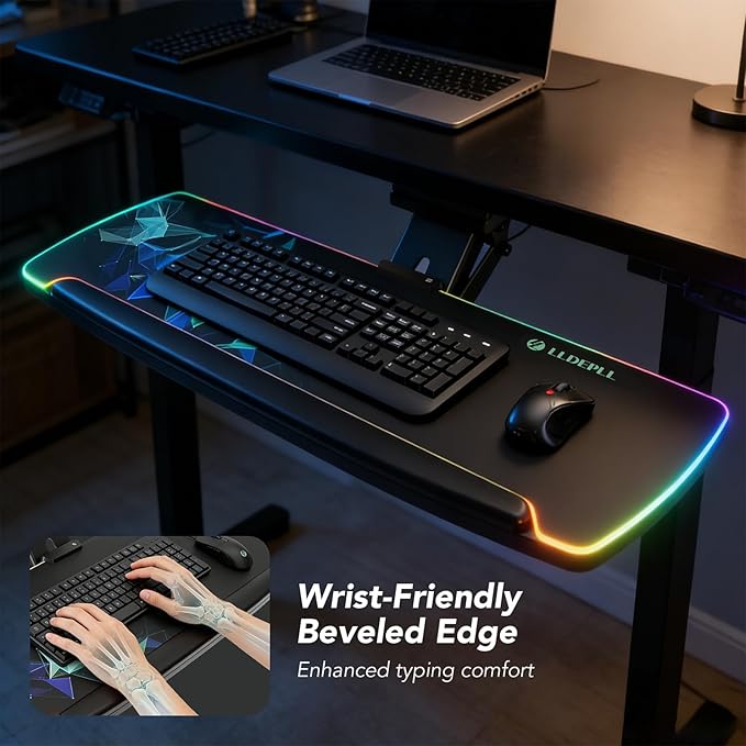 Keyboard Tray Under Desk with Storage Drawer, Height Adjustable Keyboard Tray Slide Out 360° Swivel Tilt, Ergonomic Under Desk Mount Keyboard & Mouse Pad Lighting for Gaming Home Office