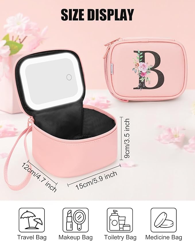 Relavel Mini Makeup Bag with Led Mirror for Mothers Day Gifts, Initial Cosmetic Bag with 3 Lighting Modes, Personalized Travel-Size Bag, Preppy Make Up Pouch for Trip - Pink B