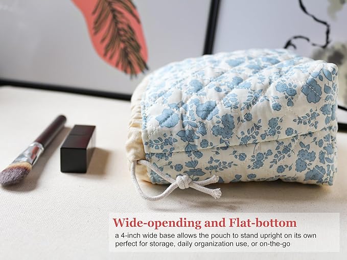 HAPPYHEIDI Floral Quilted Cotton Drawstring Makeup Bag Set 2 Compartment Cosmetic Toiletry Travel Pouch Accessory purse Organizer, Blue Orchids