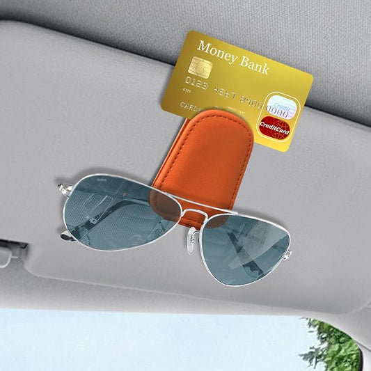 Sunglass Holder for Car, Sunglasses Clip for Car Visor, Magnetic Leather Vehicle Eyeglass Hanger Clip, Auto Ticket Card Glasses Organizer Clamp Accessories for SUV Sedan (Orange)