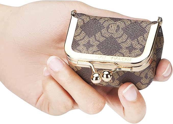 Royal Bagger Genuine Cow Leather Mini Jewelry Box Women's Coin Purse Solid Color Kiss Lock Change Pouch Casual Style Small Storage Bag for Women 1894 (Coffee-6894)