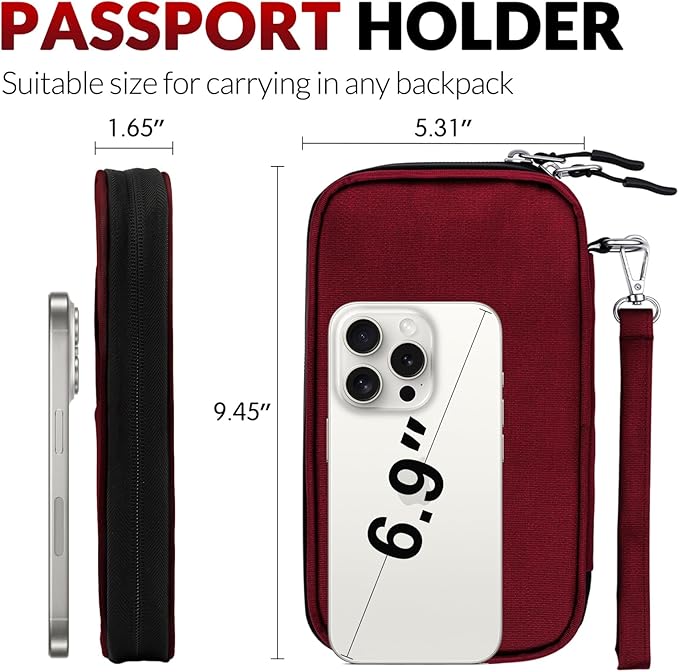 Gift for Women Passport Cover Holder Wallet with Zipper, Men Gift Passport Wallet Bag for Travel, RFID Blocking Passport Holder Case,Travel Document Organizer, Family Travel Accessories for Women -Red