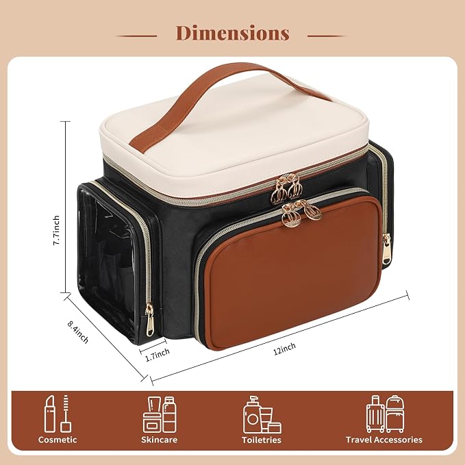 Bagmoly Large Makeup Bag, Portable Travel Makeup Bag Organizer for Women Girls with Makeup Brush Compartment & Two Side Pockets, Cosmetic Travel Bag Vertical Storage Toiletry Bag- Brown