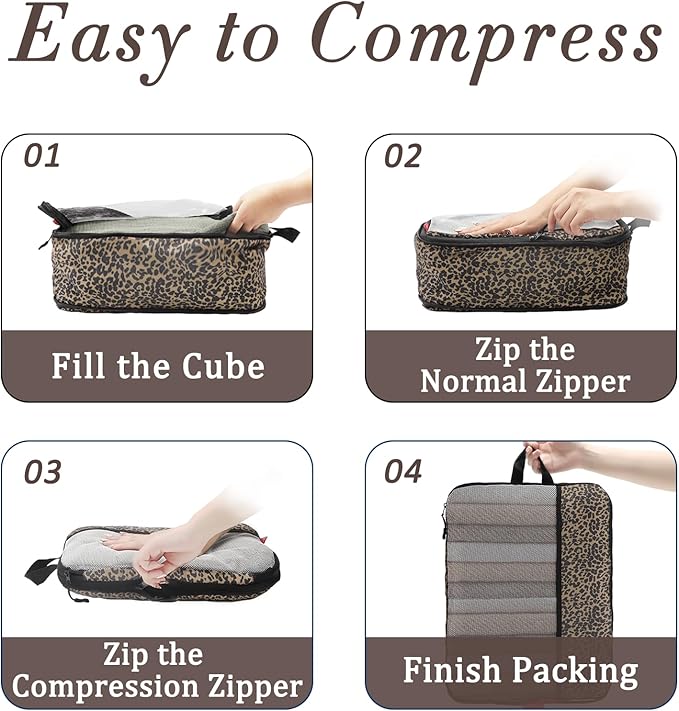 U+U 4 Set Compression Packing Cubes - Ultralight Travel Organizers, Space-Saving Suitcase Organizer, Expandable Packing Cubes for Travel, Business Trip and Family Vacation (Leopard)