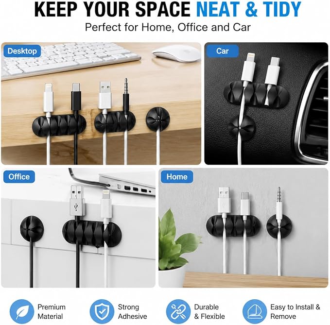 16-Pack Black Adhesive Cable Clips - Cord Organizer for Desk Wall Car, Strong Sticky Wire Management Holders for iPhone Charger USB Computer Cables, Tidy Cord Keeper with Removable Backing