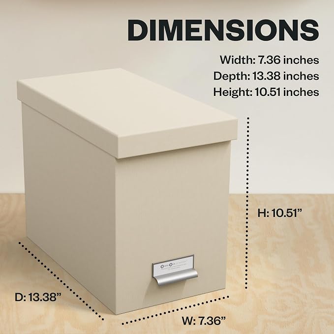 Bigso John Fiberboard Label Frame Desktop File Storage Box - Document Organizer for Important Paperwork - Durable Hanging File Box with Lid & Metal Label Window - 7.36 x 13.38 x 10.51 in - Fawn
