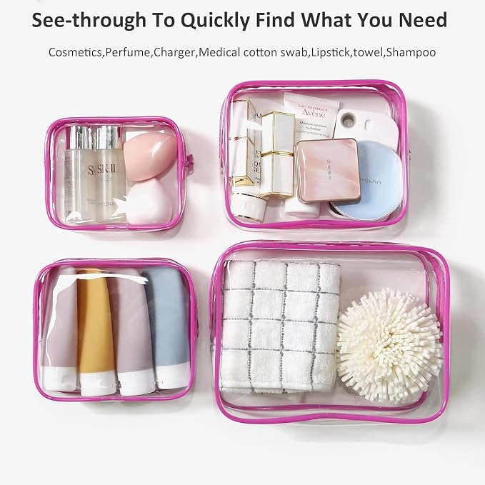 4 Pack Clear Toiletry Bags, Portable Travel Makeup Pouch with Zipper, TSA Approved Organizer, Clear Pouch Bags Compatible With Bogg Bag Divider Accessories (Clear Pink)
