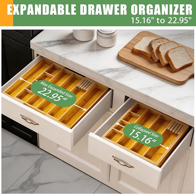Bamboo Expandable Drawer Organizer with Removable Dividers, 15"-22" Adjustable Tray for Kitchen Utensils, Makeup & Office Storage