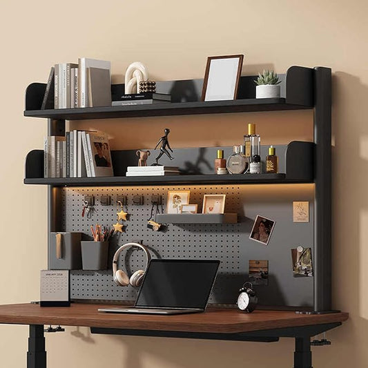 Clamp on Desk Shelf with Pegboard, Black Desktop Bookshelf Organizer Storage Shelves for Home Office Dorm Gaming Desk, Space Saving Tabletop Display Rack Organization (Black, 39.3in)