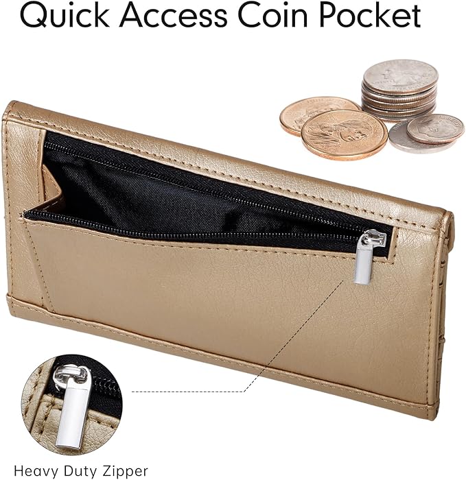 Slim Womens Wallets with Credit Card Slots, Long Envelope Style Anti Theft with 2 ID Windows, Coin Pocket, Champagne