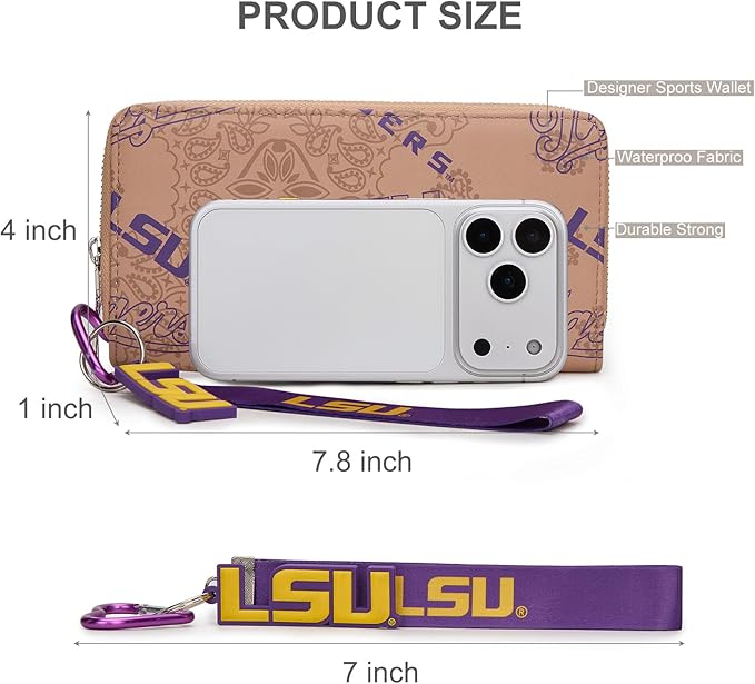 LSU Women Wristlet Purse with RFID Blocking Card Slot, LSU Clutch Zipper Wallet for Gift, Game Day, Concert Essentials | Khaki, NC-LSU011KH