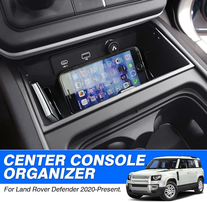 Karltys Center Console Organizer Tray for Land Rover Defender Accessories 90 110 130 2020-2025 2026, Durable ABS Middle Console Organizer Central Storage Box with Non-Slip Mat