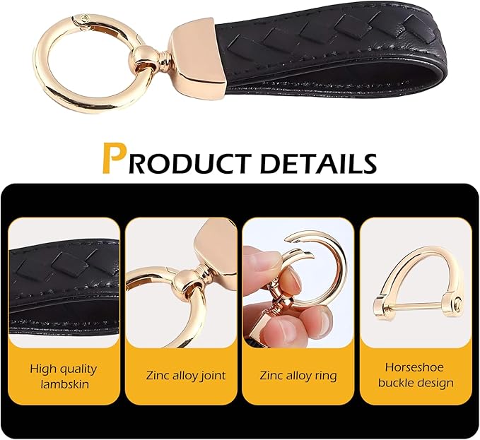 Car Keys Keychain, Leather Key Chain, Black Leather Wristlet Keychain with 2 Key Ring andAnti-Lost D-Ring, Keyfob holder for Women Men (Black)