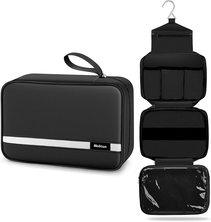 Maliton Toiletry Bag for Men & Women Travel Toiletry Bag Hanging Toiletry Bag Hygiene Organizer with 4 Compartments Waterproof Bathroom Shower Bag Large Toiletries Travel Bag(Black)