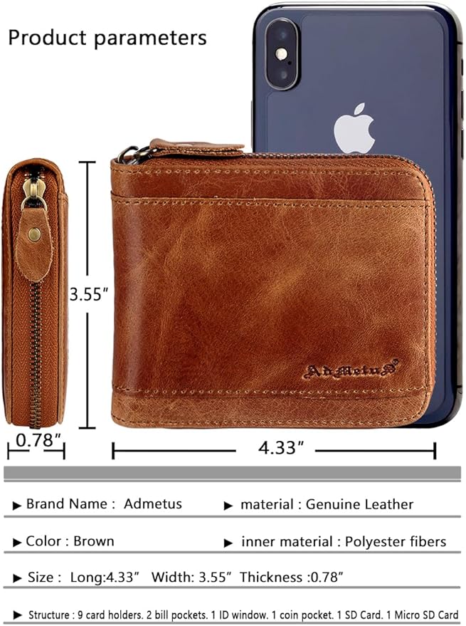 Admetus Mens RFID Blocking Wallets Zipper Leather Wallet for Men Bifold RFID Card Holder