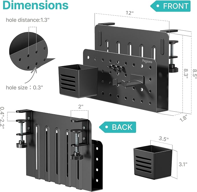 Under Desk Storage Organizer, Laptop Holder Stand with Pegboard Design, Holds 22lbs, Clamp on Desk Organizer, Fits 0.4"-2.2" Desktop Edge, Black
