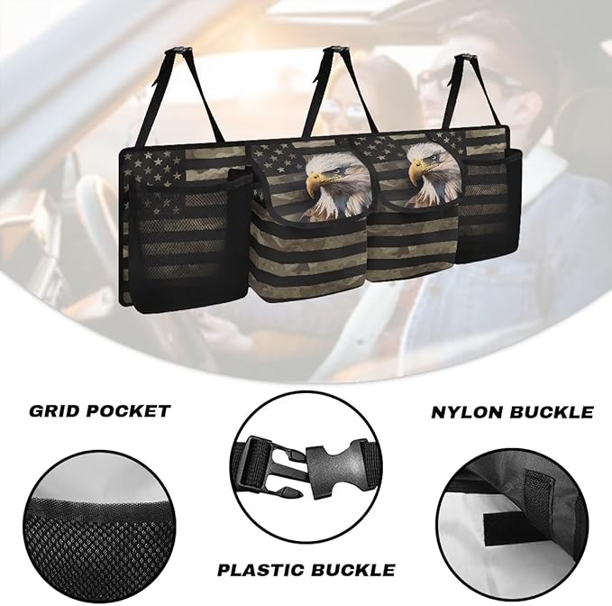 USA Flag Bald Eagle Car Trunk Organizer for Women Men Car Back Seat Hanging Storage Bag Collapsible Auto Cargo Bag with 4 Large Pockets Auto Interior Accessories