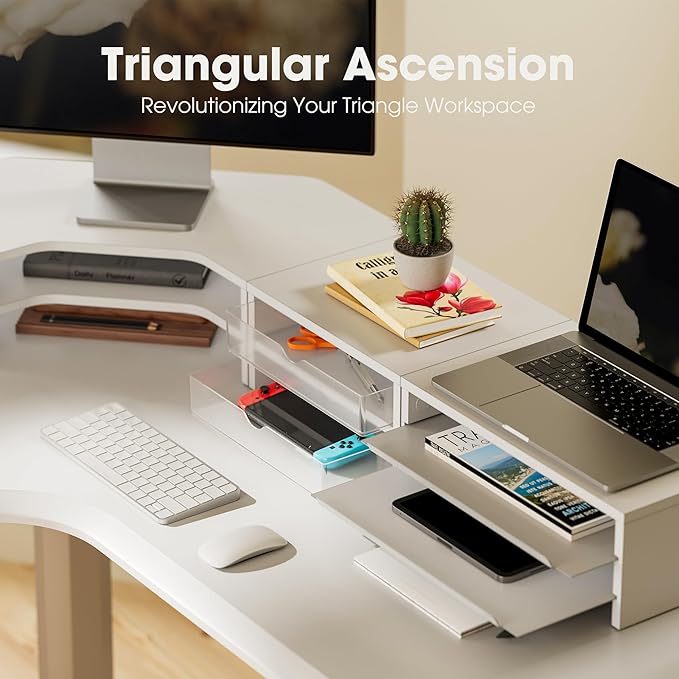 Fenge Dual Monitor Stand, Corner Monitor shelf with Drawer and Slide-Out Tray, 2 Tier Triangle Monitor Riser with Storage, Desk Shelf Organizer for Desk, Home Office, Computer, Laptop, Printer