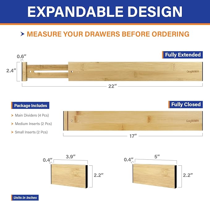 Adjustable Bamboo Drawer Dividers for Clothes, Kitchen Utensils, Office Desks, Bathroom Accessories, Socks and Underwear, and Personal Items, 4 Dividers with 4 Partitions
