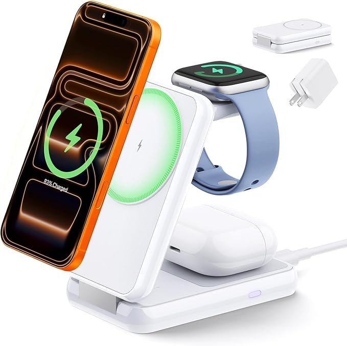 iVANKY Wireless Charging Station for iPhone 17, 3 in 1 Foldable Charger for MagSafe Magnetic Stand for iPhone 17/16/15/14/13/12/X Pro/Max/Plus/Air, Apple Watch, Airpods, Ivory (With 33W Power Adapter)