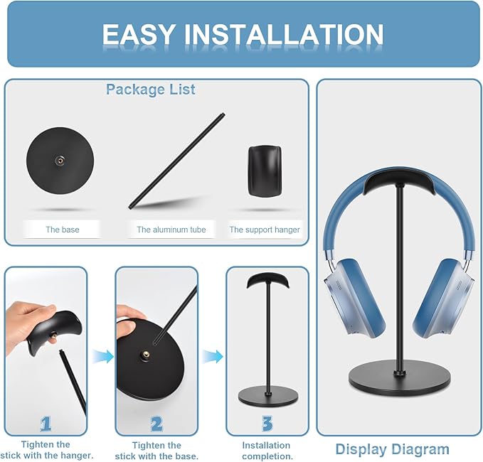 T-fun Headphone Stand, Curved Headset Stand with Aluminum Rod ABS Solid Base Gaming Headset Holder for Desk Headphone Accessories for Organization and Display, Black