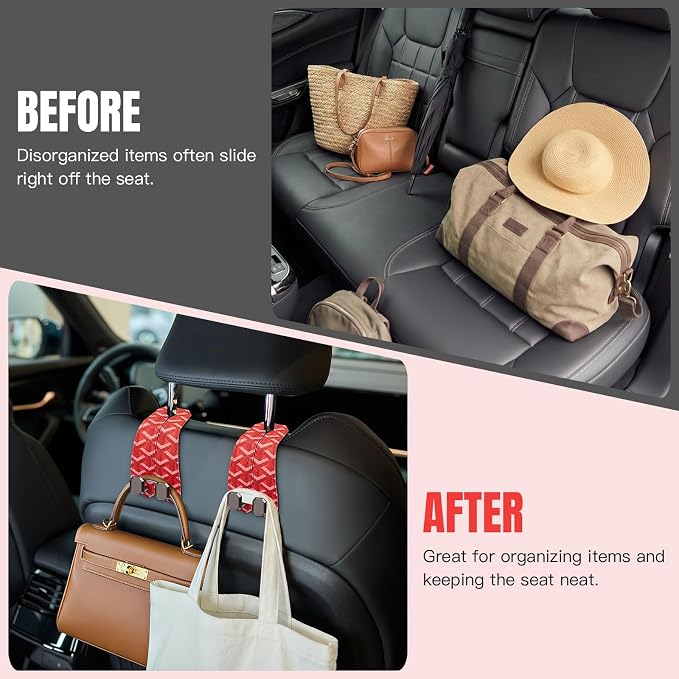 2PCS Car Hooks for Headrest, Faux Leather Purse Hook for Car Seat Back Organizers and Storage, Double Metal Purse Holder Bag Hanger, Universal Car Interior Accessories for Women Man
