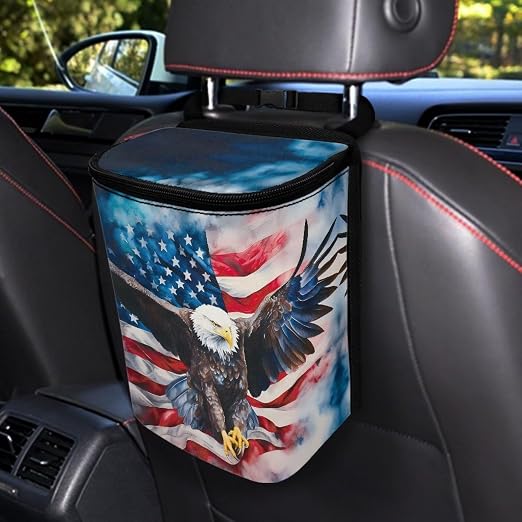 Biyejit USA Flag Eagle Car Trash Can with Lid, Leak Proof Auto Trash Bag Hanging Vehicle Garbage Can Multipurpose Storage Container for Back Seat Road Trip