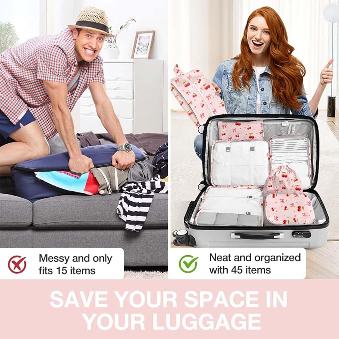 Packing Cubes for Travel,8 Set Luggage Organizer Bags with Mesh Top Panel, Lightweight Suitcase Organizers for Carry On, Family Vacation, Business Trip(Cherry Bows)