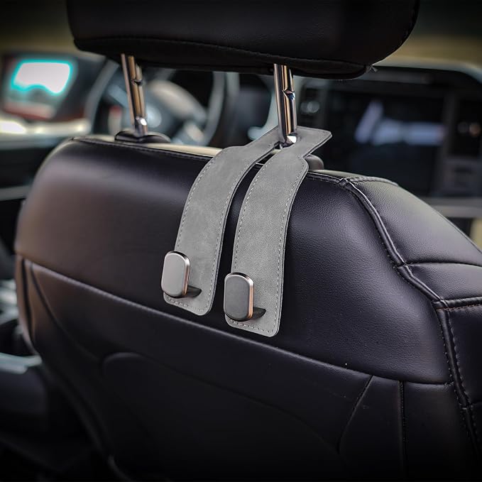 SADELOOS Car Hooks for Headrest, 2PCS Car Purse Hooks Luxurious Leather Metal Car Hangers for Seat Multifunctional Car Bag Hook Car Seat Back Storage Hook Accessories (Black)