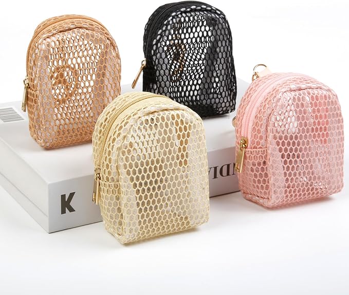 AIBFRID 4Pcs Mini Backpack Keychain,Cute Cosmetic Bag for Women,PU Leather Makeup Bag Key Pocket Lipstick Bag Card Holder Data Cable Organizer Zipper Pouch (Mesh Cosmetic Bag)