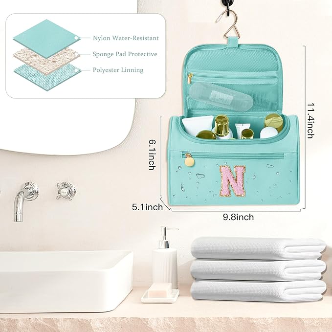 COSHAYSOO Initial Girls Hanging Travel Toiletry Bag Traveling Size Skincare Toiletries Bags Teen Girl Trip Gifts Favors, Summer Fall Camp Essentials for Teenage Sleepaway Sleepover Teal Blue Letter N