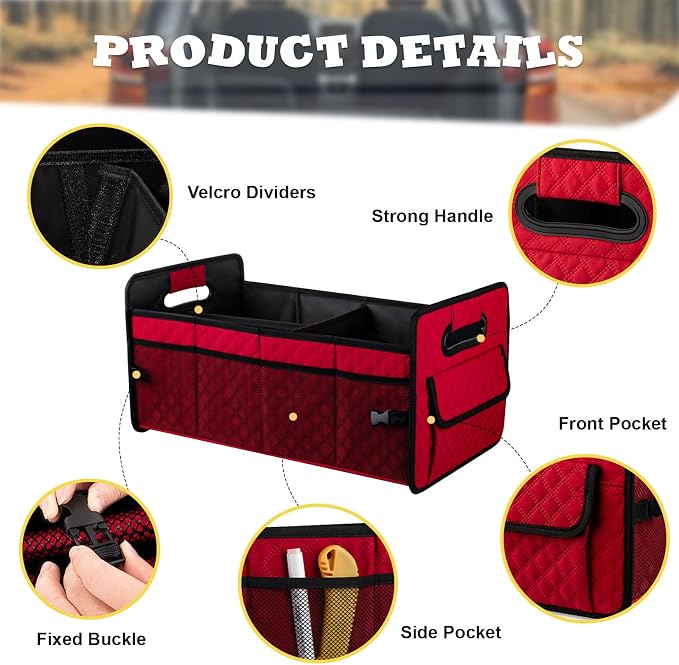 JiatuA Car Trunk Organizers and Storage for SUV, Collapsible Multi Compartment Container Box Adjustable Car Accessories for Women Men, Red