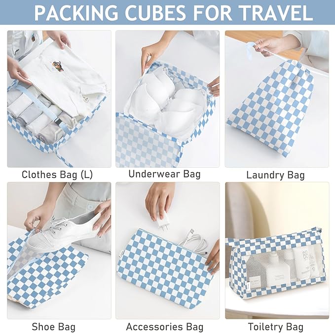 8 Set Packing Cubes for Travel, Luggage Packing Organizers Accessories Large Toiletries Bag for Clothes Shoes Cosmetics (Blue Checkered)