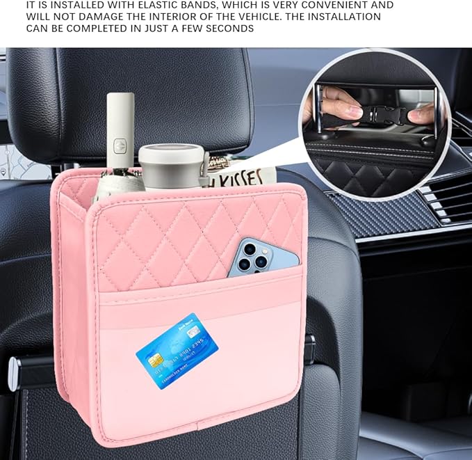 Car Seat Back Organizer, Car Organizers and Storage, Leather Multipurpose Vehicle Backseat Storage Pocket, Auto Interior Accessories Waterproof Hanging Bag for SUV Sedan Truck (Pink)