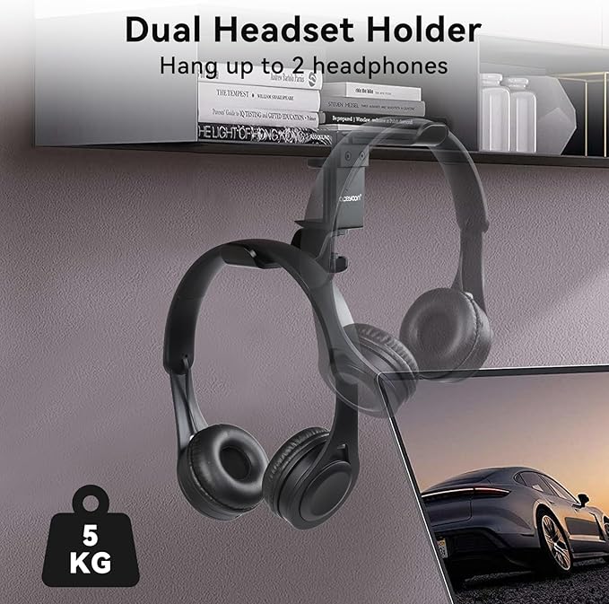 aceyoon Under Desk Headphone Hanger, 360 Degree Swivel Dual Stand, Aluminum Alloy Headset Stand for Desk,Headphone Hook for Gaming Headset,Bag, Black