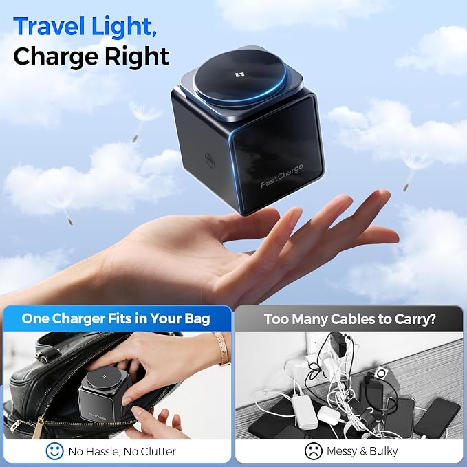 3-in-1 Wireless Charging Station for MagSafe, Fast 15W Magnetic Charger Stand for iPhone 17 16 15 14 13 12, Apple Watch & AirPods, Foldable Travel Charger with Night Light (18W Adapter Included)