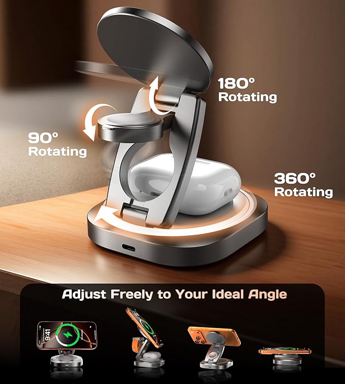 Qi2.2 25W 3-in-1 Wireless Charger for iPhone 17/16 Series, Foldable Wireless Charging Station Compatible with MagSafe, 360° Swivel Zinc Alloy Base for Apple Watch & AirPods (45W Adapter Included)