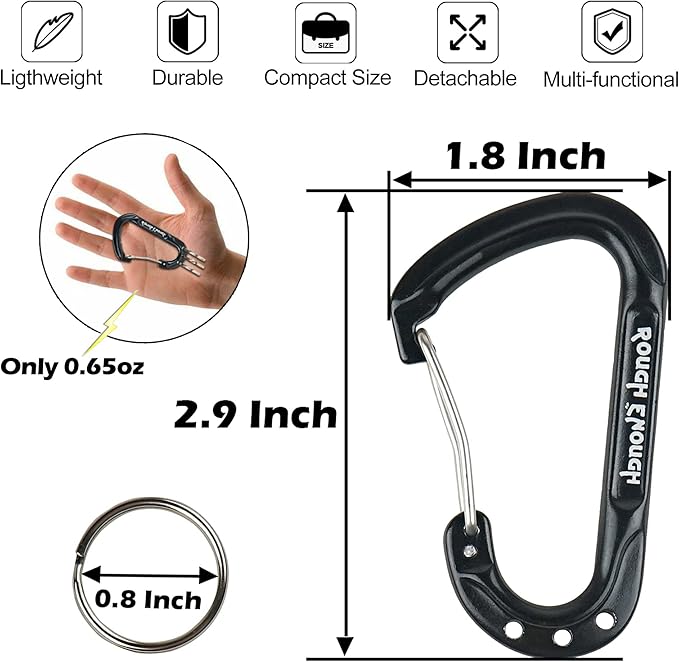 Rough Enough Carabiner Keychain Clip with Triple 3 Keyring Buckle Aluminum Alloy Metal for EDC Preppy Teens Men