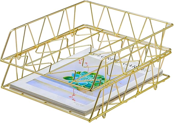 PAG Desktop File Organizer Metal Stackable Letter Tray Paper Holder Rack, 2 Pack, Gold