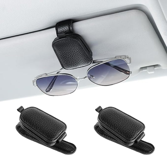 JUSTTOP 2 Pack Sunglasses Holders for Car, Magnetic Leather Buckle Sun Visor Sunglass Clip, Ticket Card Clip Sunglasses Mount, Car Interior Accessories for Men and Women (Black)