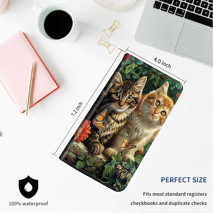 DEGDFSGR Checkbook Cover PU Leather Checkbook Covers for Women for Duplicate Checks, Check Book Covers with RFID Blocking Function for Personal Checkbook, Cat Family Flower Butterflies