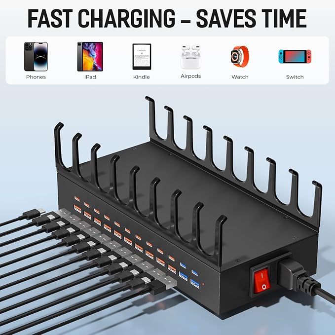 350W Charging Station for Multiple Devices, 24 Ports USB Fast Charging Station, Charger Station Organizer Compatible with Kindle,Tablet, iPad, Charger Station for Home, Office