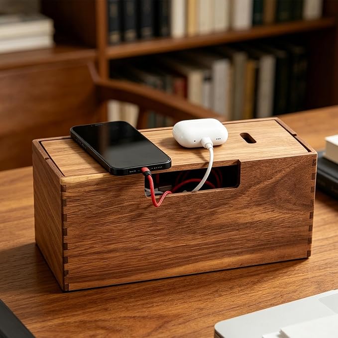 Cord Management Box - Solid Timber Structure, Extension Lead Hideaway Case, Tangles Free Cable Tidying Station, Minimalists Decorative Safety Shell | Desk Tool for Professionals & Students