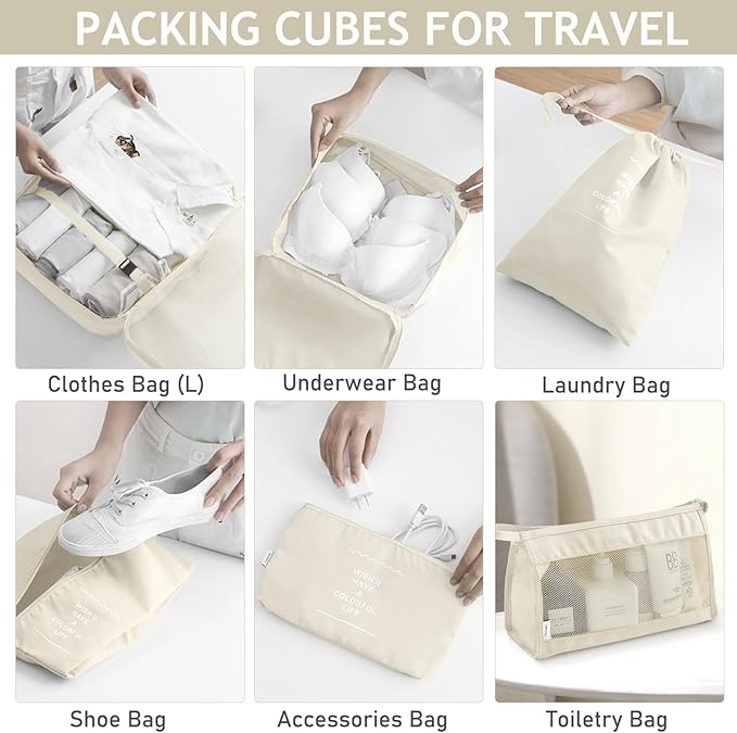 KPX 8 Set Packing Cubes for Travel, Luggage Packing Organizers Accessories Large Toiletries Bag for Clothes Shoes Cosmetics (Beige)