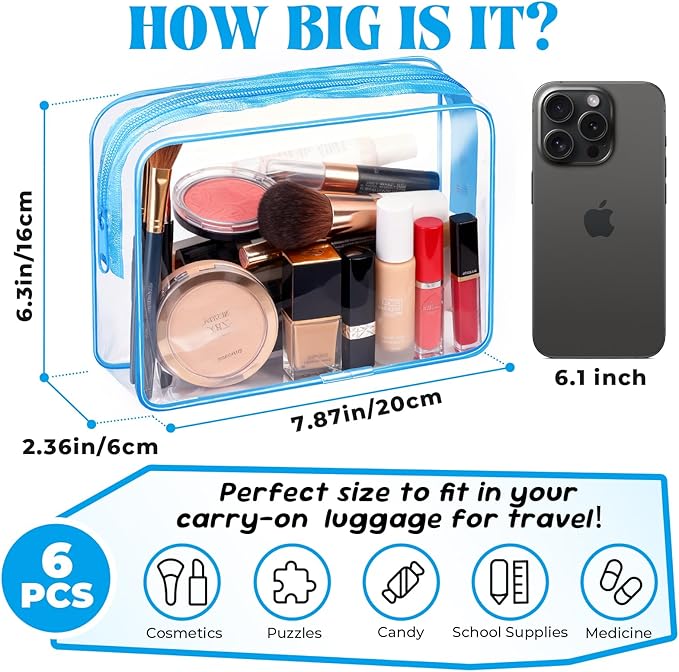 6 Pieces Clear Makeup Bags Bulk TSA Approved Toiletry Bag for Travel PVC Waterproof Clear Cosmetic Pouch with Zipper for Men and Women Carry-on Travel Essentials (Blue)