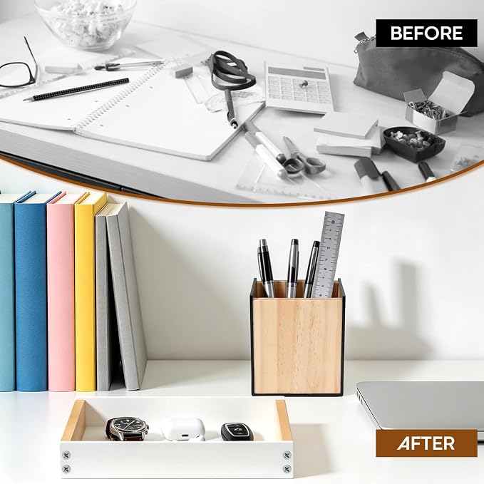 Desk Tray with Pen Holder Set, Acrylic & Wooden Desktop Organizer Multifunctional Home Office Workspace Accessories for Watch, Pens, Keys (Black)