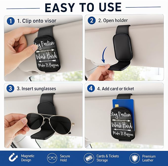 Leather Magnetic Sunglass Holder for Car Sun Visor, Cute Eyeglass Ticket Card Hanger Clip, Universal Auto Interior Accessories for SUV Pickup Truck, Motivation Quote