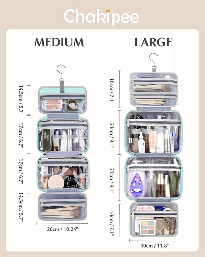 Travel Hanging Toiletry Bag for Women - Waterproof Cosmetic Organizer with Clear Window, Lightweight Bathroom Bags for Essentials, Makeup, Shampoo, Toiletries Blue,Large
