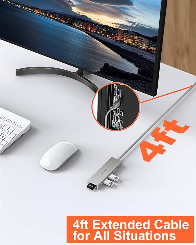 Aceele 5Gbps USB 3.0 Hub, 6 in 1 Ultra Slim Data USB Hub with 4ft Extended Long Cable, USB Multiport Hub with Micro USB Powered Port, SD/TF Card Slot Port, Compatible for PC, Laptop, MacBook