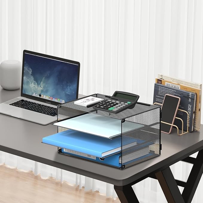 DALTACK 3 Tier Letter Tray Paper Organizer for Desk, Mesh Metal Desk File Organizer with Sliding Trays for Letter/A4 Paper, Mail, Bills & Folders, Black